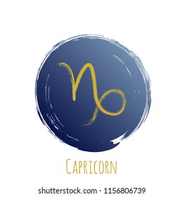 Gold blue Capricorn zodiac symbol vector, round hand painted horoscope sign. Astrological icon isolated. Capricorn astrology zodiac sign circle clip art gold and dark blue on white background.