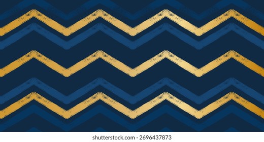 Patrón de Navidades doradas y azules, rayas en zigzag de fondo de Vector sin fisuras. Líneas de chevron Abstractas, líneas rayadas impresión