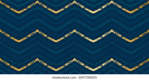 Patrón de Navidades doradas y azules, rayas en zigzag de fondo de Vector sin fisuras. Líneas de chevron Abstractas, líneas rayadas impresión