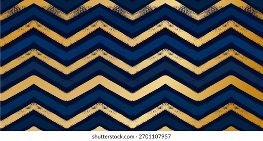 Patrón de Navidades doradas y azules, rayas en zigzag de fondo de Vector sin fisuras. Impresión de líneas de chevron rayadas