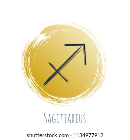 Gold blue circle Sagittarius horoscope icon, round hand painted zodiac vector sign. Astrological icon isolated. Sagittarius astrology horoscope symbol clip art dark blue and gold on white background.