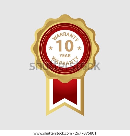 A gold and blue circular seal with a ribbon below, featuring text for 10 year warranty.
