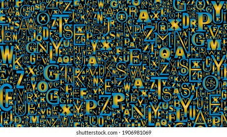 Gold and blue colored letters code tiled background, code from different letters