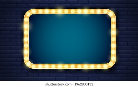 Gold And Blue Colored Sign Board On Brick Wall With Light Neon Frame