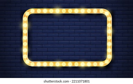 Gold and blue colored sign board on brick wall with light neon frame