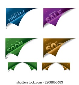 Gold and blue curled corner or colorful papers with a curl with reflection and shadow on transparent background realistic vector illustration.