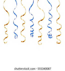 Gold blue curly ribbons. Golden serpentine on white background. Colorful streamers. Design decoration party, birthday, Christmas, New Year celebration, anniversary, carnival Vector illustration