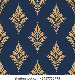Gold and blue damask vector seamless pattern. Vintage, paisley elements. Traditional, Turkish motifs. Great for fabric and textile, wallpaper, packaging or any desired idea.