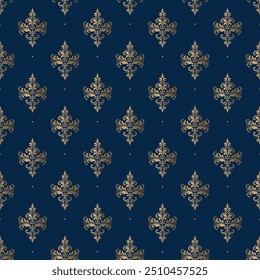 Vetor de damasco de ouro e azul padrão sem costura. Vintage, elementos paisley. Motivos tradicionais turcos. Ótimo para tecido e têxtil, papel de parede, embalagem ou qualquer ideia desejada.