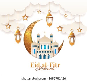 Gold and blue Eid al Fitr card design to celebrate the Festival of Breaking the Fast marking the end of the holy month of Ramadan, vector illustration