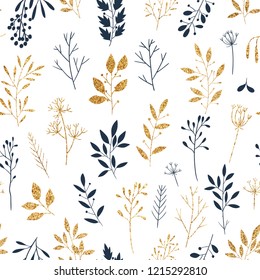 Gold and blue floral seamless pattern with glitter texture. Stylish background, textile or wrapping paper design. Vector illustration