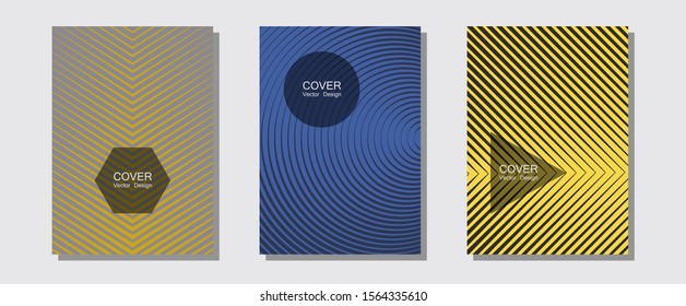 Gold blue flyers set, vector halftone poster backgrounds. Contemporary collection. Halftone lines music poster backgrounds. Simple book covers. Geometric lines shapes patterns set for flyer design.
