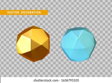 Gold and blue Geometric figure icosahedron polyhedron with 20 faces. Isolated Realistic object in 3d. Vector illustration