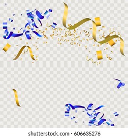 Gold and blue glitter confetti background. Falling golden and blue glittering light effect for Christmas and New Year backdrop, greeting card. Vector illustration eps10.