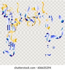 Gold and blue glitter confetti background. Falling golden and blue glittering light effect for Christmas and New Year backdrop, greeting card. Vector illustration eps10.