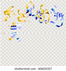 Gold and blue glitter confetti background. Falling golden and blue glittering light effect for Christmas and New Year backdrop, greeting card. Vector illustration eps10.