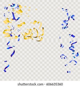 Gold and blue glitter confetti background. Falling golden and blue glittering light effect for Christmas and New Year backdrop, greeting card. Vector illustration eps10.