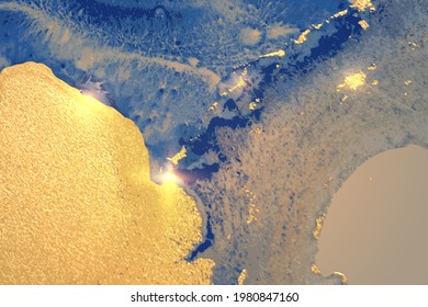 Gold, blue and gray shining abstract marble background. Vector texture in alcohol ink technique with glitter. Template for banner, poster design. Fluid art painting