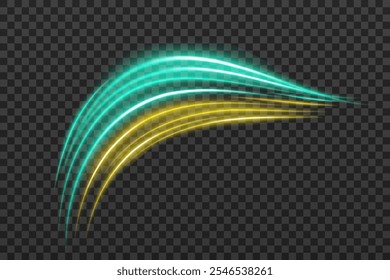 Brillos dorados y azules con un reflejo curvo y agudo. Diseños de ciencia ficción, transiciones de luz y efectos futuristas. Brillantes rayas de neón y brillo dinámico sobre fondo transparente