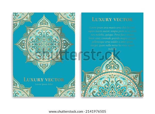 Gold and blue luxury invitation card design\
with vector mandala ornament pattern. Vintage template. Can be used\
for background and wallpaper. Elegant and classic vector elements\
great for decoration.