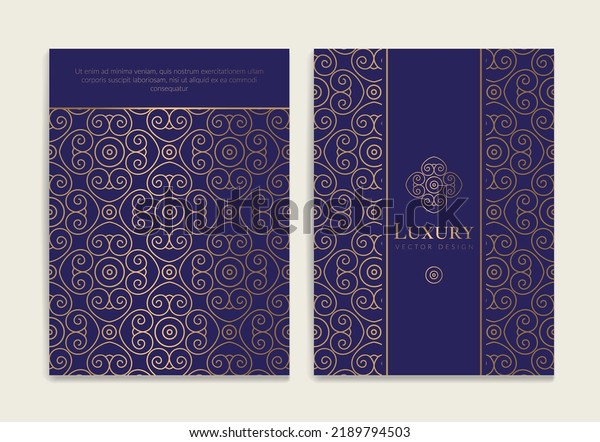 Gold and blue luxury invitation card design\
with vector ornament pattern. Vintage template. Can be used for\
background and wallpaper. Elegant and classic vector elements great\
for decoration.