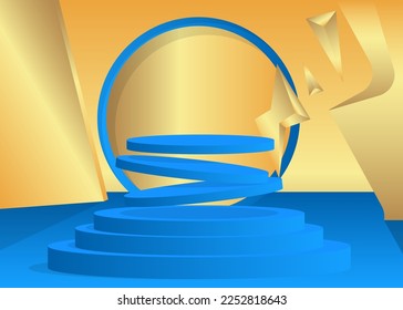 Gold and Blue Mockup product display. Vector 3D cylinder pedestal podium. Stage showcase for presentation. Futuristic Sci-fi minimal geometric forms, empty scene.