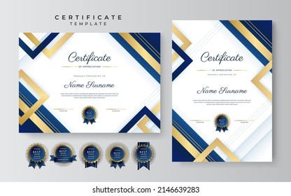 Gold blue modern certificate template with abstract geometric shapes texture border decoration. Suit for business award, education diploma, corporate honor and much more