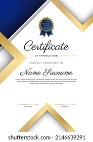 Gold blue modern certificate template with abstract geometric shapes texture border decoration. Suit for business award, education diploma, corporate honor and much more