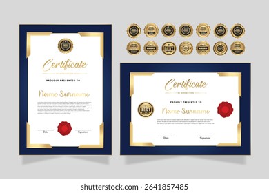 Gold and Blue modern certificate template for corporate, achievement, diploma, award, graduation, completion, appreciation, acknowledgement, recognition etc