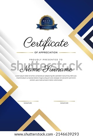 Gold blue modern certificate template with abstract geometric shapes texture border decoration. Suit for business award, education diploma, corporate honor and much more