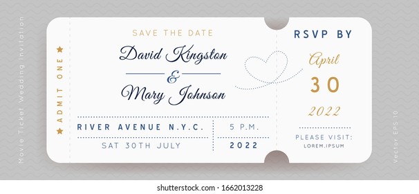 Gold and Blue Movie Ticket. Wedding Invitation Vector Design.Vintage luxury design.Admission vip ticket of circus,party,cinema,theater,concert.Coupons template ticketing label with seat numbers.