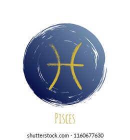 Gold blue Pisces horoscope icon, round hand painted zodiac vector sign. Circle astrological icon isolated. Dark blue and gold Pisces astrology horoscope symbol clip art on white background.