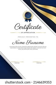 Gold blue premium certificate template with abstract geometric shapes texture border decoration. Suit for business award, education diploma, corporate honor and much more