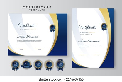 Gold blue premium certificate template with abstract geometric shapes texture border decoration. Suit for business award, education diploma, corporate honor and much more