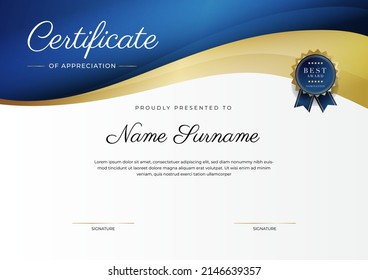 Gold blue premium certificate template with abstract geometric shapes texture border decoration. Suit for business award, education diploma, corporate honor and much more