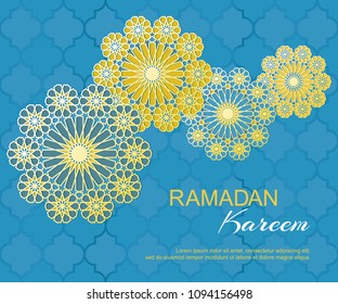 Gold blue Ramadan Kareem concept horizontal banner with islamic geometric patterns. Paper cut flowers traditional vector illustration. Ramadan Mubarak month of fasting for Muslims.
