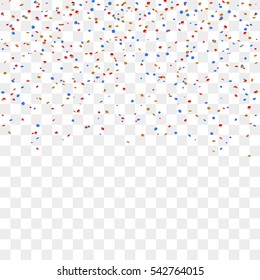 Gold blue red confetti celebration isolated on transparent background. Falling golden abstract decoration party, birthday celebrate, Christmas, New Year. Festival decor. Vector illustration