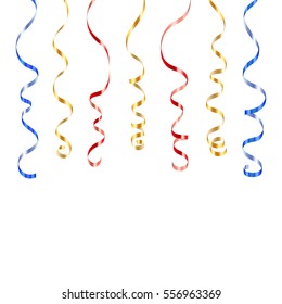 Gold blue red curly ribbons. Golden serpentine on white background. Colorful streamers. Design decoration party, birthday, Christmas, New Year celebration, anniversary, carnival Vector illustration