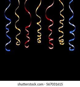 Gold blue red curly ribbons. Golden serpentine on black background. Colorful streamers. Design decoration party, birthday, Christmas, New Year celebration, anniversary, carnival Vector illustration