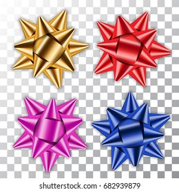 Gold, blue, red, pink bow ribbons set. Decor golden element package Shiny decorations gift, holiday design, isolated white transparent background. Symbol Christmas, New Year Vector illustration