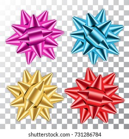 Gold, blue, red, pink bow ribbons set. Decor golden element package Shiny decorations gift, holiday design, isolated white transparent background. Symbol Christmas, New Year Vector illustration