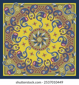 Design de cachecol ou bandana dourado e azul com padrão de mandala paisley e elementos florais. Projeto de tapete étnico.