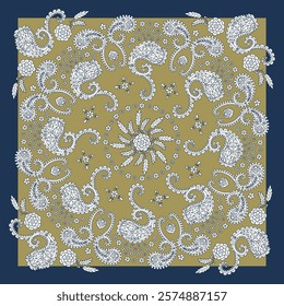 Gold and blue scarf or bandana design with paisley mandala pattern and floral elements. Ethnic carpet design.