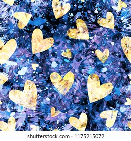 Gold and blue seamless texture with hearts, blots and stylized needles. Abstract vector background for web page, greeting cards, invitations, fabric, wrapping, valentines days or new years design.