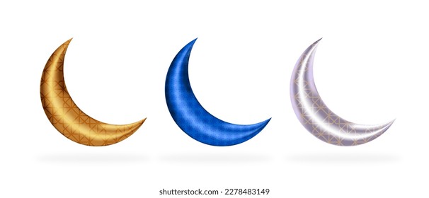 luna creciente de oro, azul y plata en 3d con patrón árabe. elementos decorativos vectoriales para festividades musulmanas y mes de ayuno.