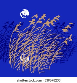 Gold and blue sketch of bulrush. Vector.