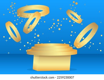 Muestra de escenario dorado y azul para presentación. Pantalla de producto vectorial realista. Resumen del podio de Mockup Pedestal. Futurista Sci-fi formas geométricas mínimas, escena vacía.
