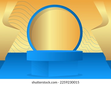 Gold and Blue stage showcase for presentation. Realistic vector product display. Abstract Mockup Pedestal podium. Futuristic Sci-fi minimal geometric forms, empty scene.
