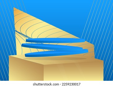 Gold and Blue stage showcase for presentation. Realistic vector product display. Abstract Mockup Pedestal podium. Futuristic Sci-fi minimal geometric forms, empty scene.
