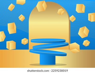 Gold and Blue stage showcase for presentation. Realistic vector product display. Abstract Mockup Pedestal podium. Futuristic Sci-fi minimal geometric forms, empty scene.